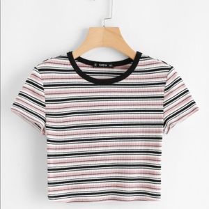 ✨Contrast Tape Striped Print Ribbed Tee✨